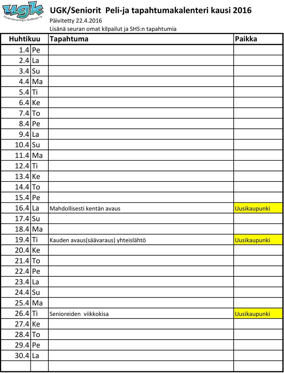 4 Su 18.4 Ma 19.4 Ti Kauden avaus(säävaraus) yhteislähtö Uusikaupunki 20.4 Ke 21.4 To 22.