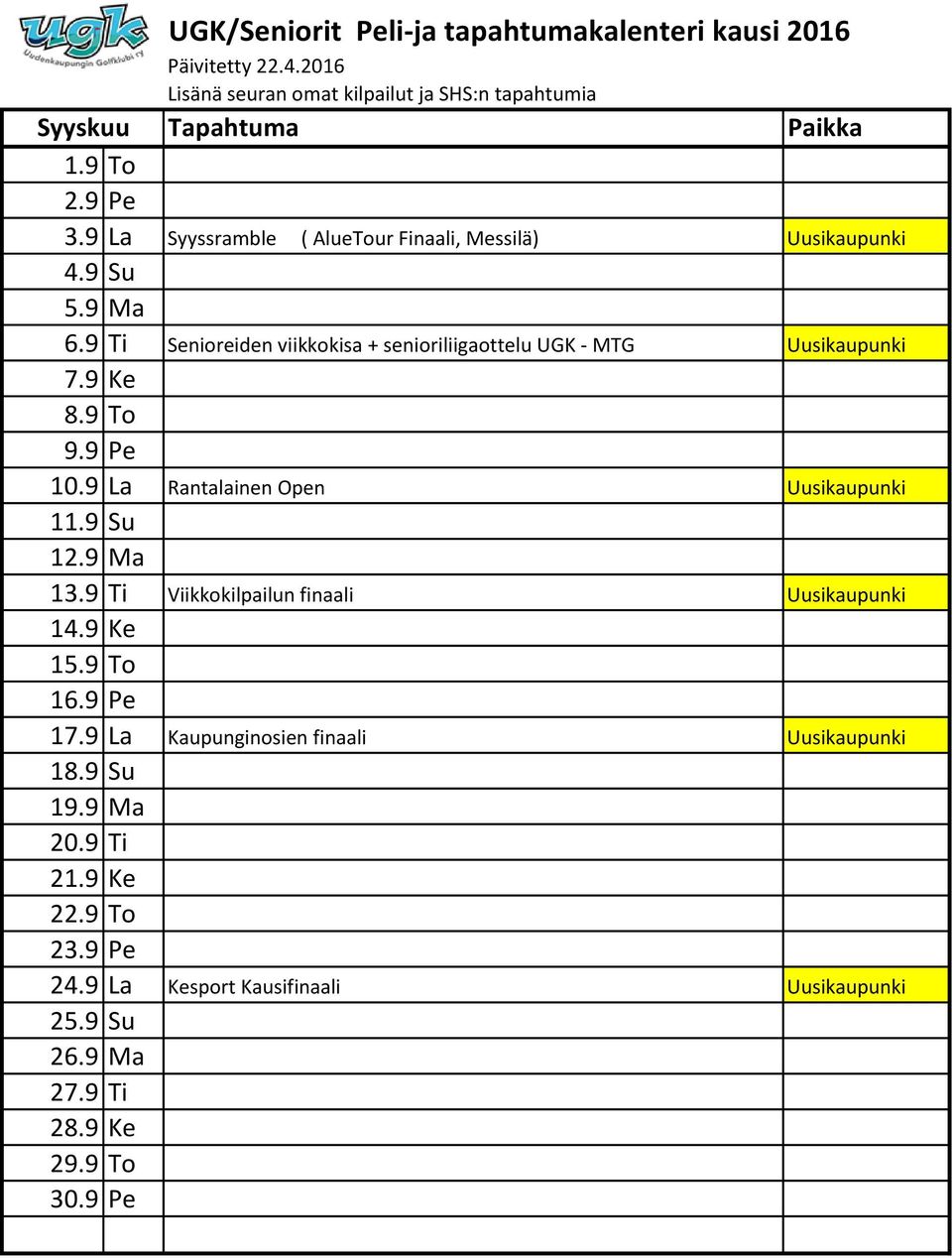 9 La Rantalainen Open Uusikaupunki 11.9 Su 12.9 Ma 13.9 Ti Viikkokilpailun finaali Uusikaupunki 14.9 Ke 15.9 To 16.9 Pe 17.