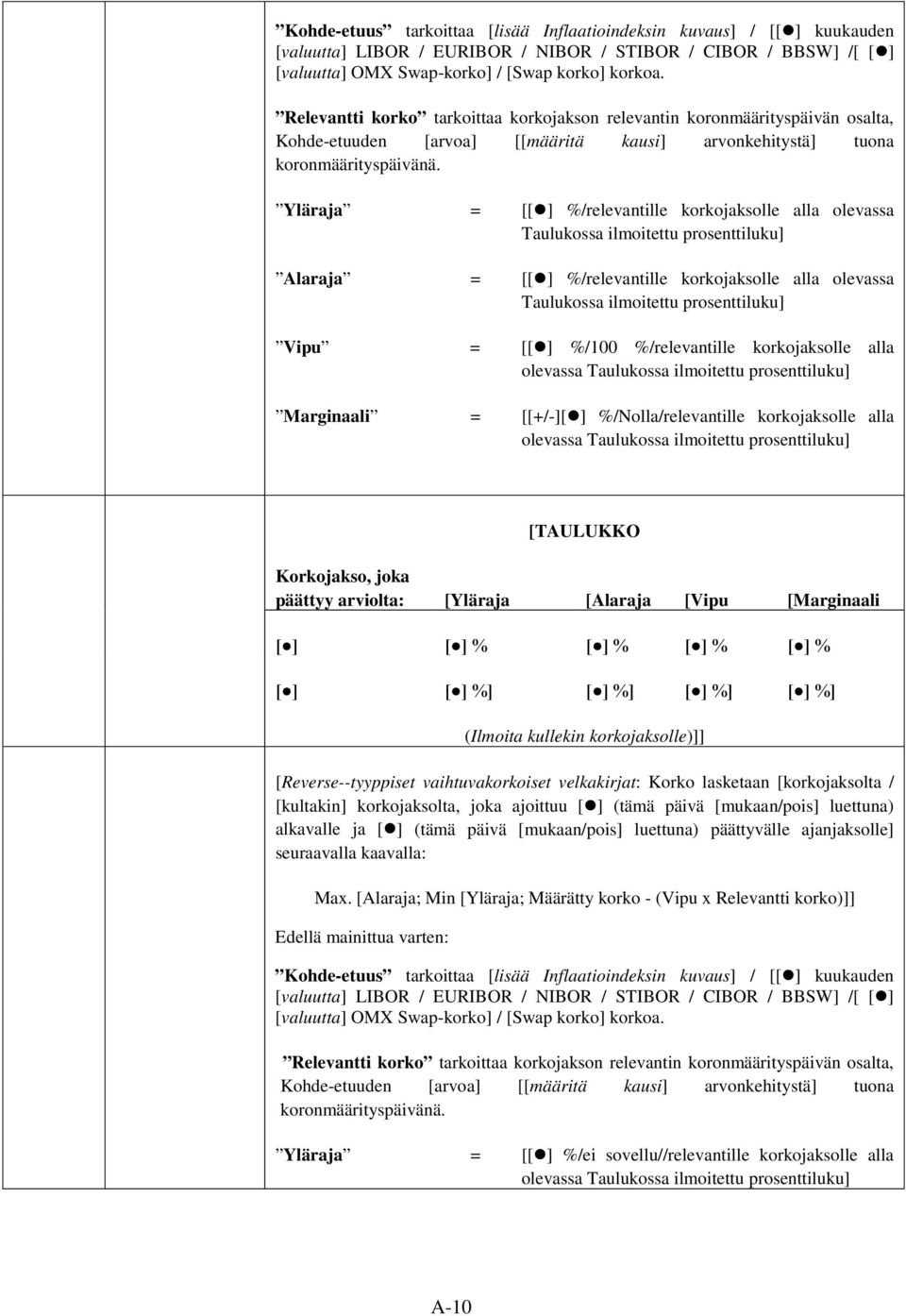 Yläraja = [[ ] %/relevantille korkojaksolle alla olevassa Taulukossa ilmoitettu prosenttiluku] Alaraja = [[ ] %/relevantille korkojaksolle alla olevassa Taulukossa ilmoitettu prosenttiluku] Vipu = [[