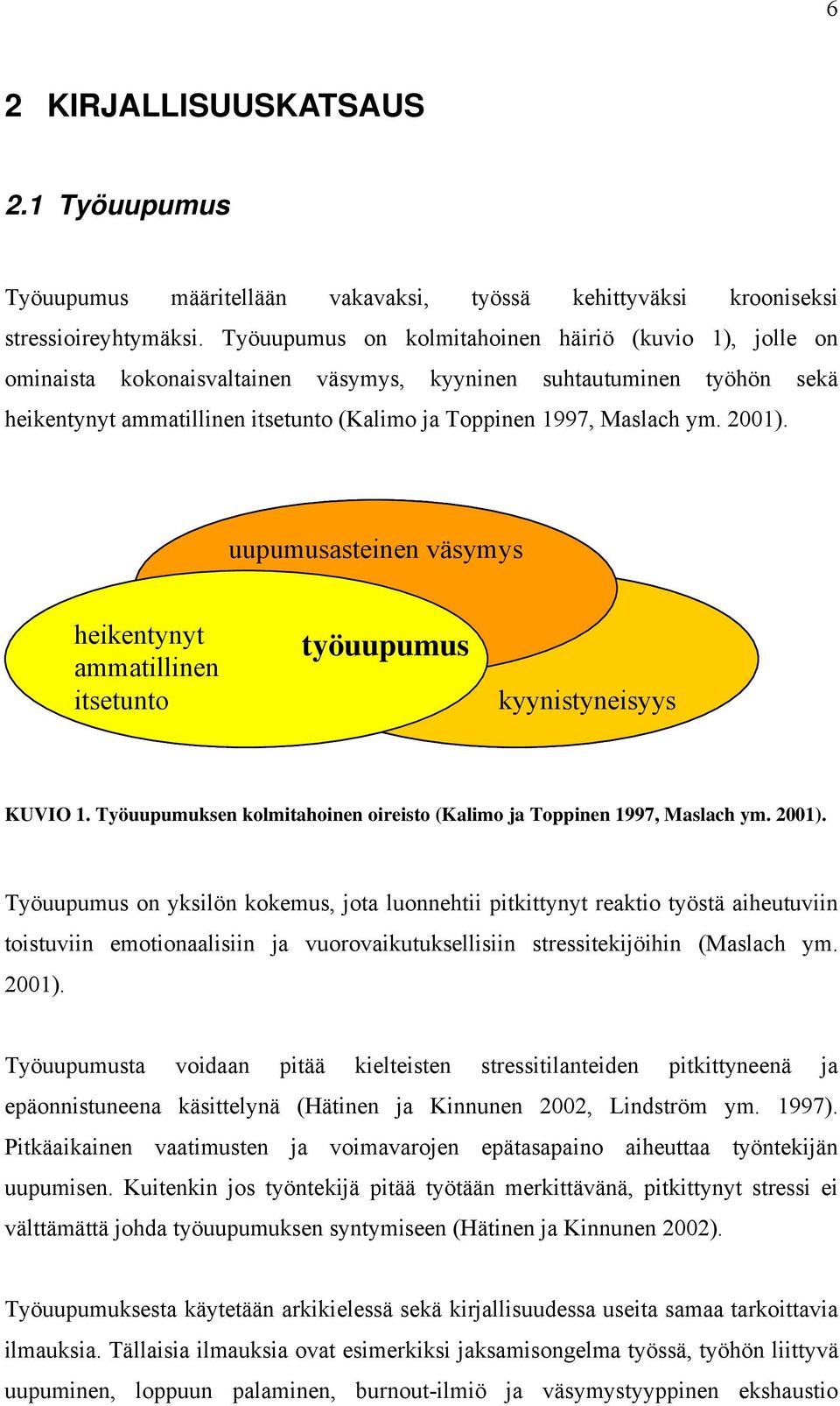 2001). uupumusasteinen väsymys heikentynyt ammatillinen itsetunto työuupumus kyynistyneisyys KUVIO 1. Työuupumuksen kolmitahoinen oireisto (Kalimo ja Toppinen 1997, Maslach ym. 2001).