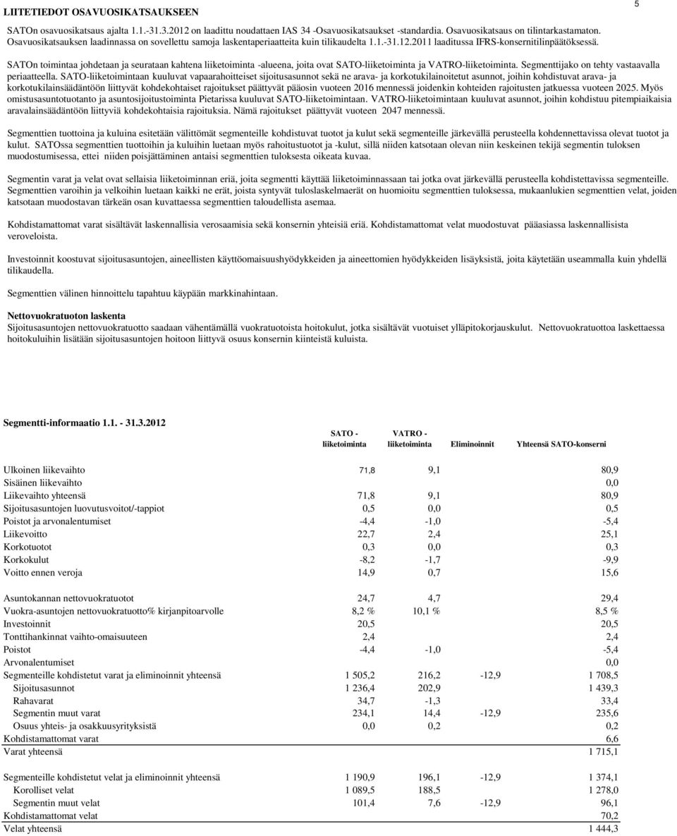 5 SATOn toimintaa johdetaan ja seurataan kahtena liiketoiminta -alueena, joita ovat SATO-liiketoiminta ja VATRO-liiketoiminta. Segmenttijako on tehty vastaavalla periaatteella.