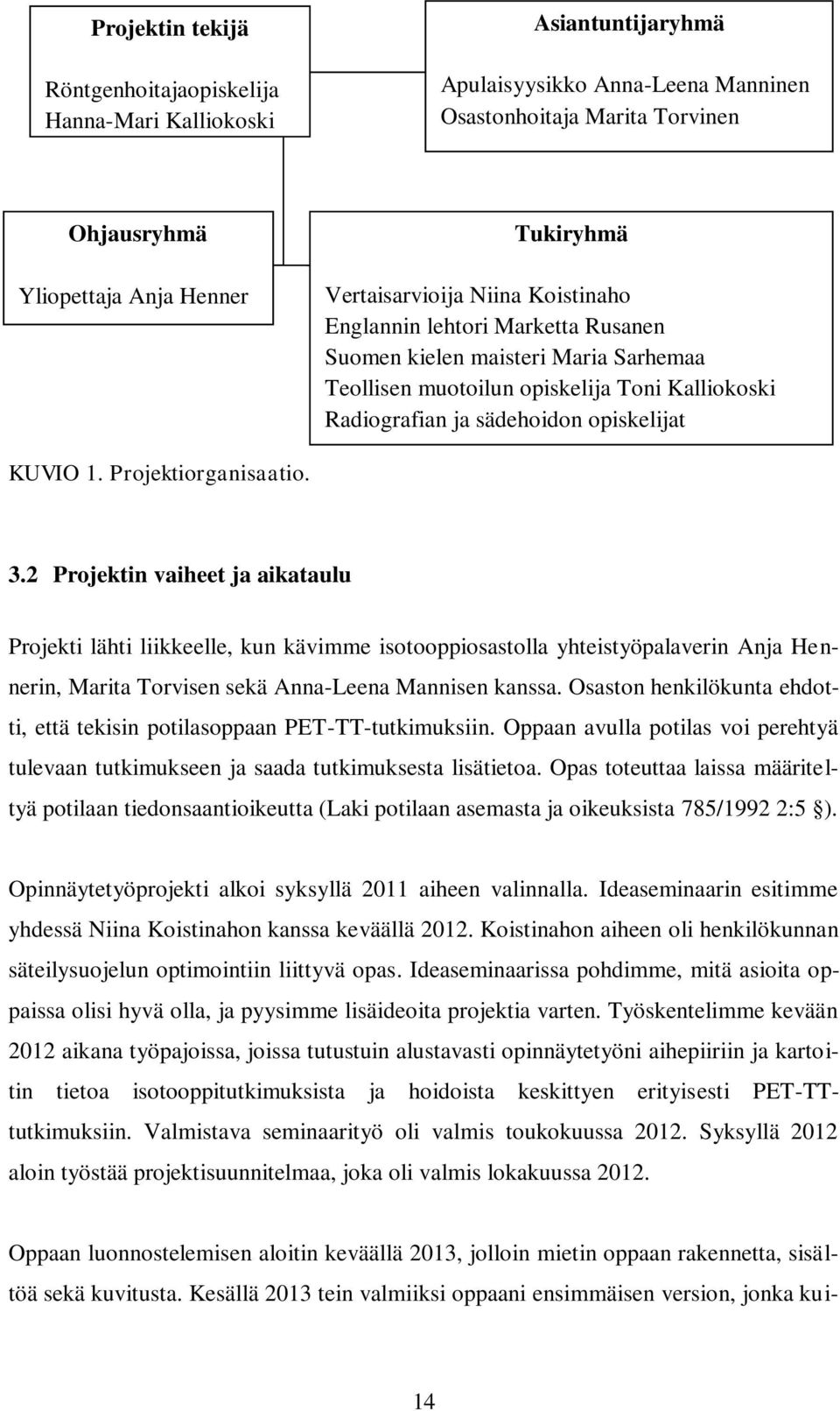 1. Projektiorganisaatio. 3.2 Projektin vaiheet ja aikataulu Projekti lähti liikkeelle, kun kävimme isotooppiosastolla yhteistyöpalaverin Anja Hennerin, Marita Torvisen sekä Anna-Leena Mannisen kanssa.