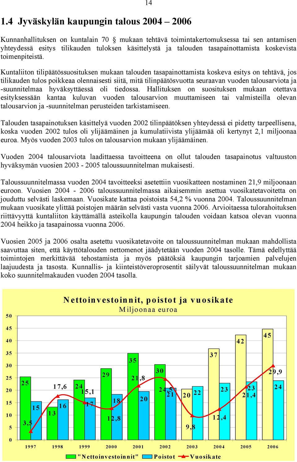 Kuntaliiton tilipäätössuosituksen mukaan talouden tasapainottamista koskeva esitys on tehtävä, jos tilikauden tulos poikkeaa olennaisesti siitä, mitä tilinpäätösvuotta seuraavan vuoden talousarviota