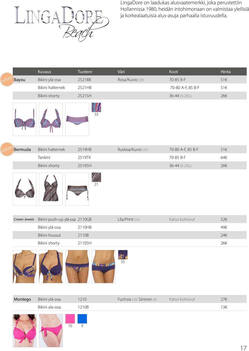 halternek Tankini 2519HB 2519TK Ruskea/Kuvio (21) 70-80 A-F, 85 B-F 70-85 B-F 51 6 Bikini shorty 2519SH 36- (S-2XL) 26 21 Crown Jewels Bikini push-up ylä-osa 2110GB Lila/Print (55)