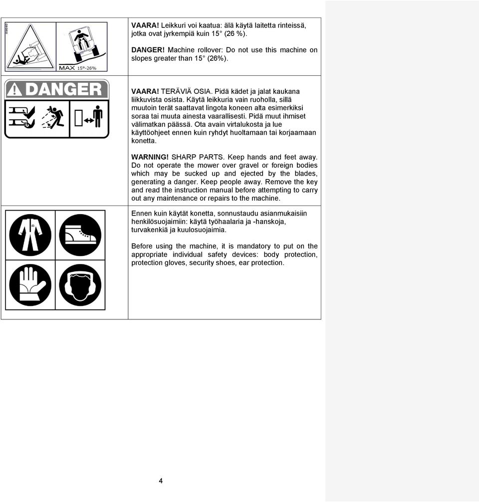 Pidä muut ihmiset välimatkan päässä. Ota avain virtalukosta ja lue käyttöohjeet ennen kuin ryhdyt huoltamaan tai korjaamaan konetta. WARNING! SHARP PARTS. Keep hands and feet away.