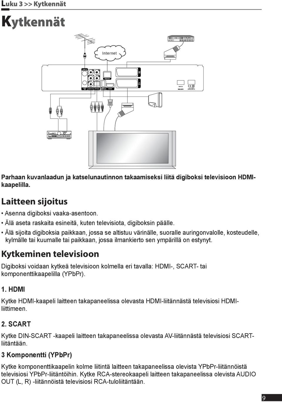 Älä sijoita digiboksia paikkaan, jossa se altistuu värinälle, suoralle auringonvalolle, kosteudelle, kylmälle tai kuumalle tai paikkaan, jossa ilmankierto sen ympärillä on estynyt.