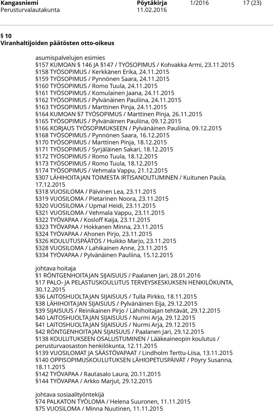 11.2015 163 TYÖSOPIMUS / Marttinen Pinja, 24.11.2015 164 KUMOAN 7 TYÖSOPIMUS / Marttinen Pinja, 26.11.2015 165 TYÖSOPIMUS / Pylvänäinen Pauliina, 09.12.