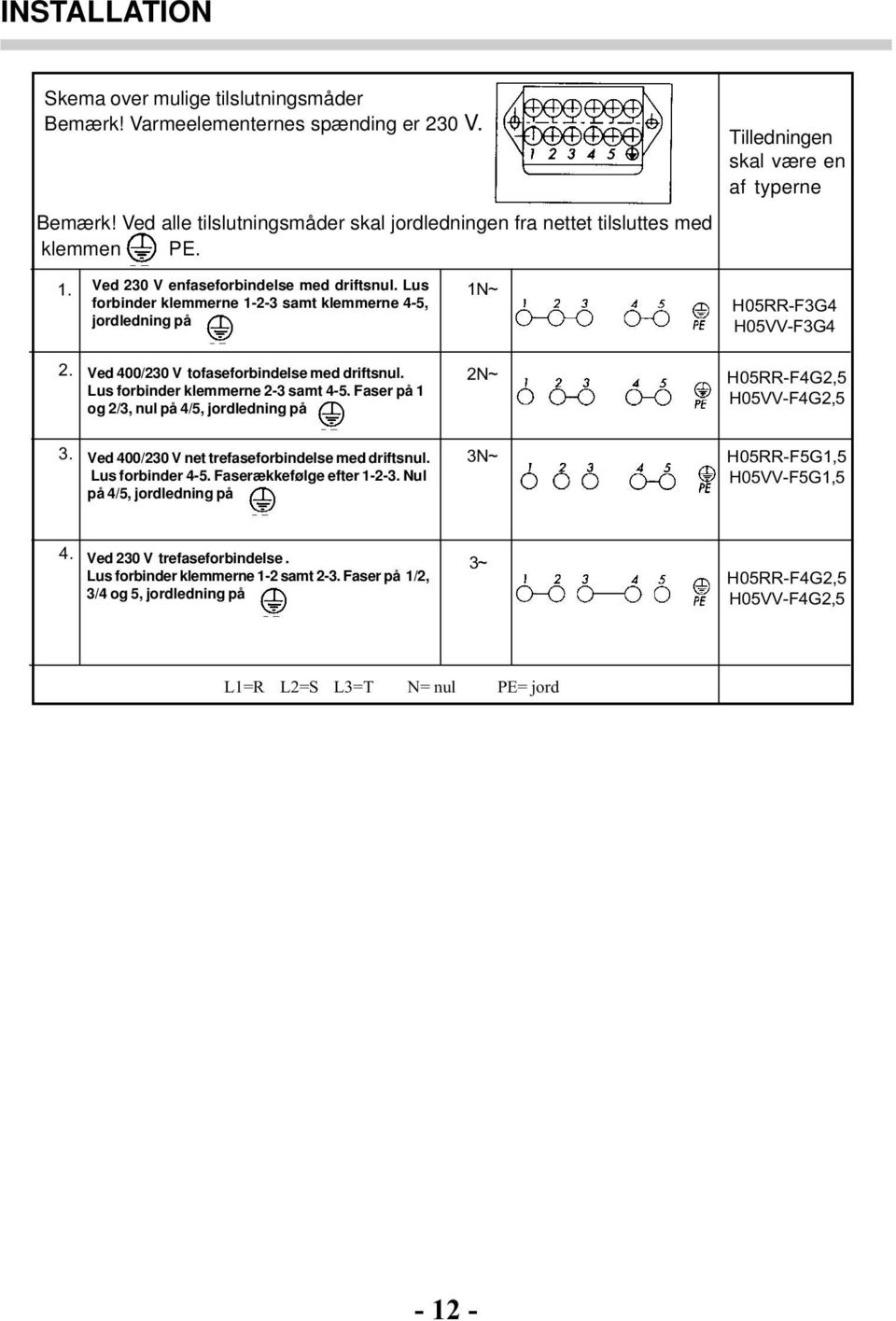 Ved 400/230 V tofaseforbindelse med driftsnul. Lus forbinder klemmerne 2-3 samt 4-5. Faser på 1 og 2/3, nul på 4/5, jordledning på 2N~ H05RR-F4G2,5 H05VV-F4G2,5 3.