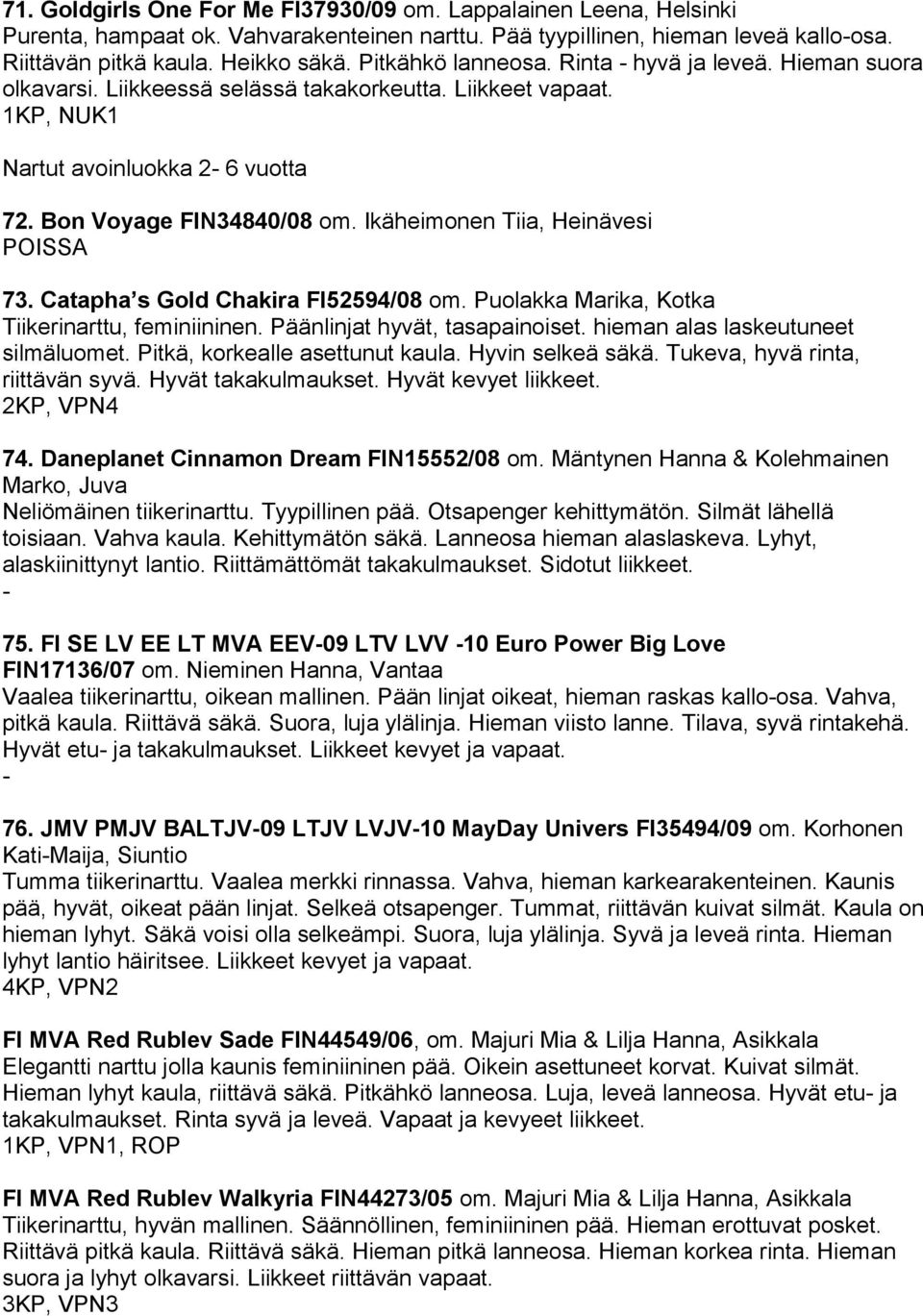 Ikäheimonen Tiia, Heinävesi POISSA 73. Catapha s Gold Chakira FI52594/08 om. Puolakka Marika, Kotka Tiikerinarttu, feminiininen. Päänlinjat hyvät, tasapainoiset. hieman alas laskeutuneet silmäluomet.