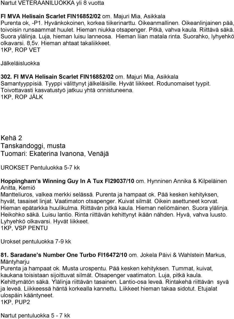 Suorahko, lyhyehkö olkavarsi. 8,5v. Hieman ahtaat takaliikkeet. 1KP, ROP VET Jälkeläisluokka 302. FI MVA Helisain Scarlet FIN16852/02 om. Majuri Mia, Asikkala Samantyyppisiä.