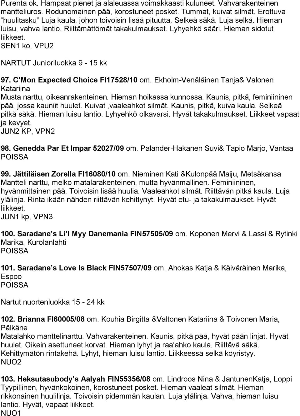 SEN1 ko, VPU2 NARTUT Junioriluokka 9-15 kk 97. C Mon Expected Choice FI17528/10 om. Ekholm-Venäläinen Tanja& Valonen Katariina Musta narttu, oikeanrakenteinen. Hieman hoikassa kunnossa.