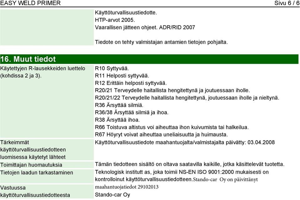 Tärkeimmät käyttöturvallisuustiedotteen luomisessa käytetyt lähteet Toimittajan huomautuksia Tietojen laadun tarkastaminen Vastuussa käyttöturvallisuustiedotteesta R10 Syttyvää. R11 Helposti syttyvää.