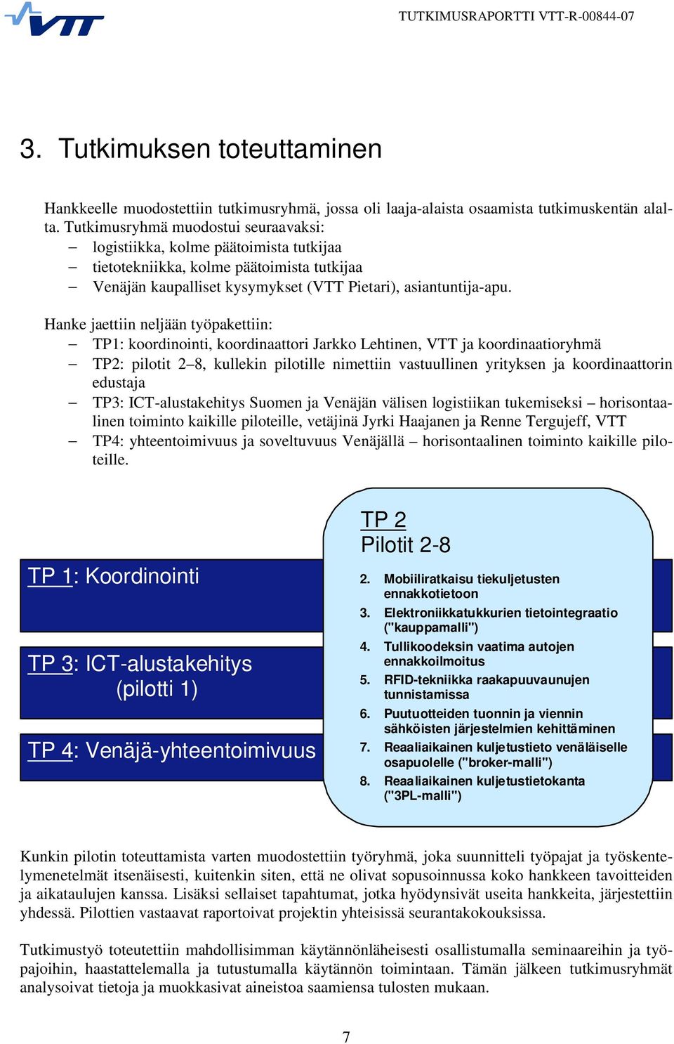 Hanke jaettiin neljään työpakettiin: TP1: koordinointi, koordinaattori Jarkko Lehtinen, VTT ja koordinaatioryhmä TP2: pilotit 2 8, kullekin pilotille nimettiin vastuullinen yrityksen ja