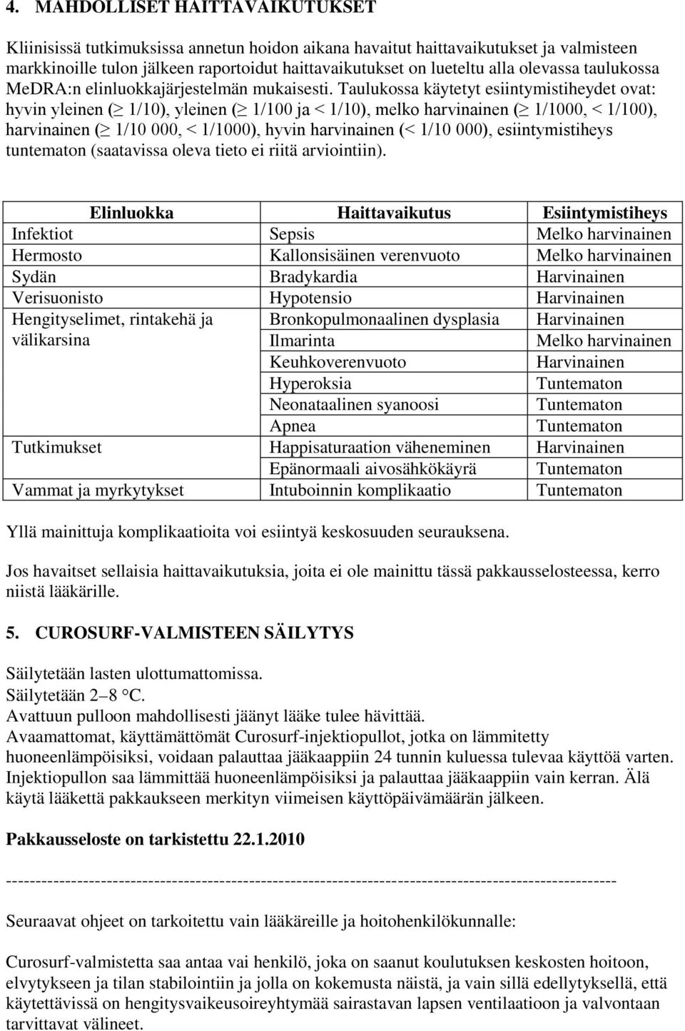 Taulukossa käytetyt esiintymistiheydet ovat: hyvin yleinen ( 1/10), yleinen ( 1/100 ja < 1/10), melko harvinainen ( 1/1000, < 1/100), harvinainen ( 1/10 000, < 1/1000), hyvin harvinainen (< 1/10