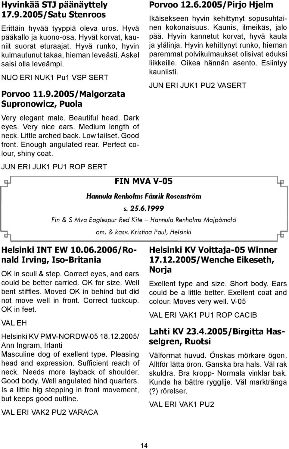 2005/Pirjo Hjelm Ikäisekseen hyvin kehittynyt sopusuhtainen kokonaisuus. Kaunis, ilmeikäs, jalo pää. Hyvin kannetut korvat, hyvä kaula ja ylälinja.