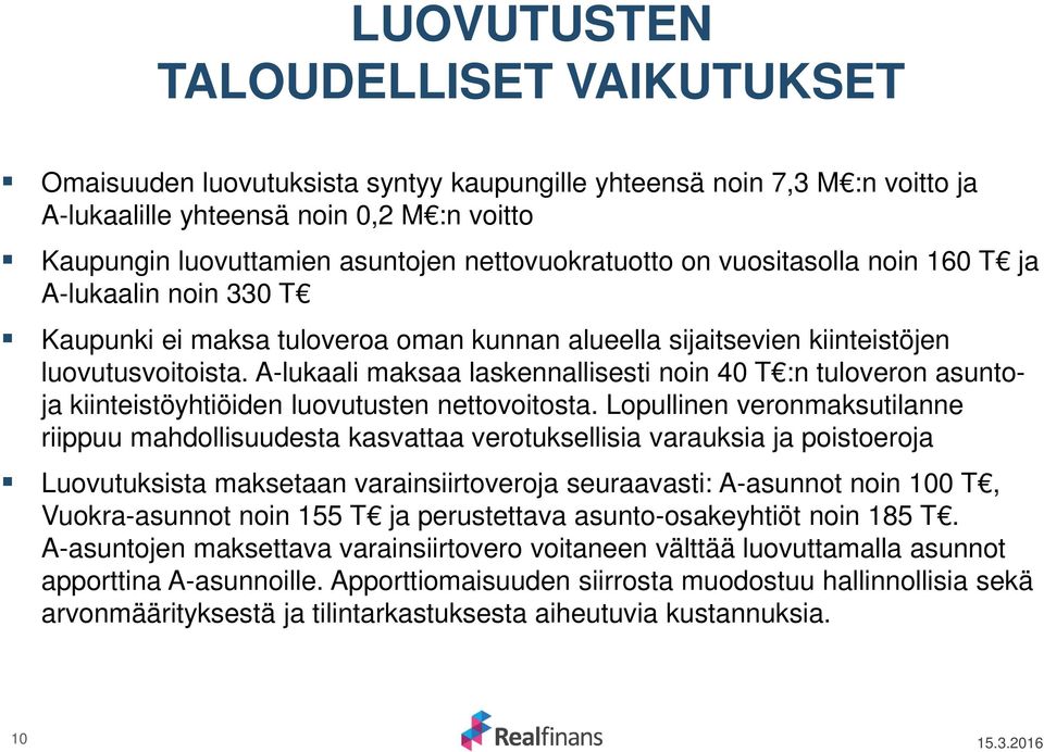 A-lukaali maksaa laskennallisesti noin 40 T :n tuloveron asuntoja kiinteistöyhtiöiden luovutusten nettovoitosta.