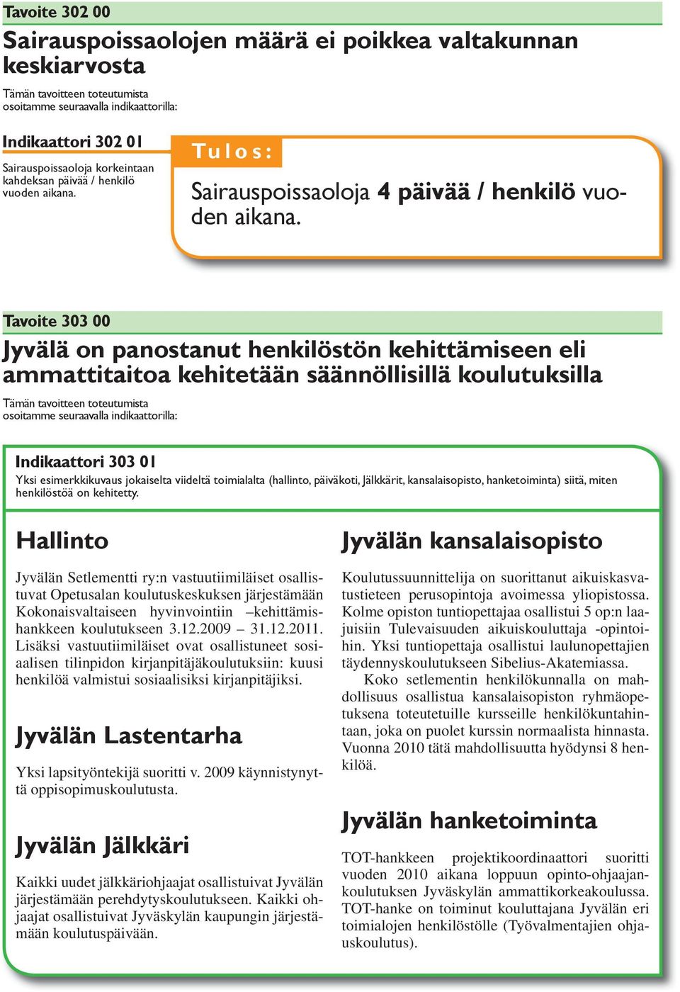 Tavoite 303 00 Jyvälä on panostanut henkilöstön kehittämiseen eli ammattitaitoa kehitetään säännöllisillä koulutuksilla osoitamme seuraavalla indiattorilla: Indiattori 303 0 Yksi esimerkkikuvaus