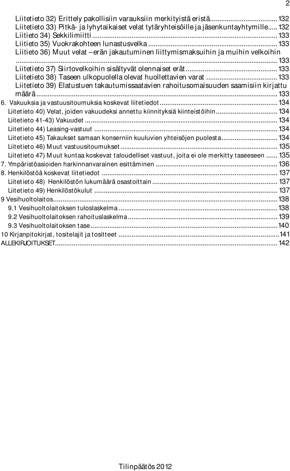 .. 133 Liitetieto 38) Taseen ulkopuolella olevat huollettavien varat... 133 Liitetieto 39) Elatustuen takautumissaatavien rahoitusomaisuuden saamisiin kirjattu määrä... 133 6.