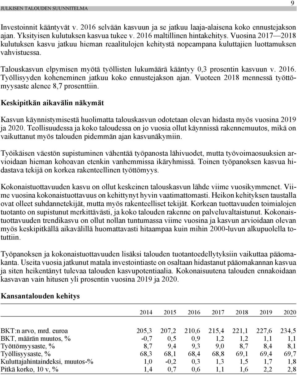 Talouskasvun elpymisen myötä työllisten lukumäärä kääntyy 0,3 prosentin kasvuun v. 2016. Työllisyyden koheneminen jatkuu koko ennustejakson ajan.