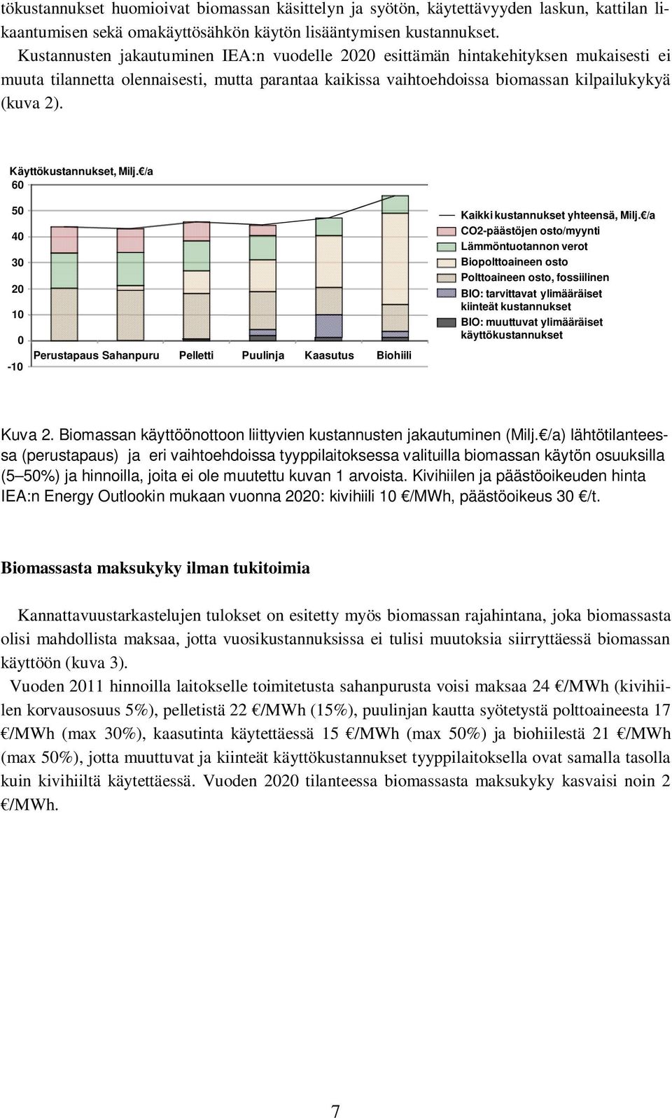 Käyttökustannukset, Milj. /a 60 50 40 30 20 10 0-10 Perustapaus Sahanpuru Pelletti Puulinja Kaasutus Biohiili Kaikki kustannukset yhteensä, Milj.