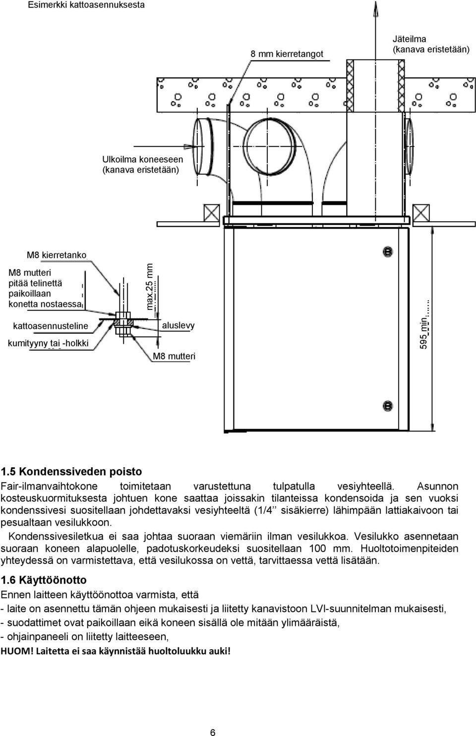 Asunnon kosteuskuormituksesta johtuen kone saattaa joissakin tilanteissa kondensoida ja sen vuoksi kondenssivesi suositellaan johdettavaksi vesiyhteeltä (1/4 sisäkierre) lähimpään lattiakaivoon tai