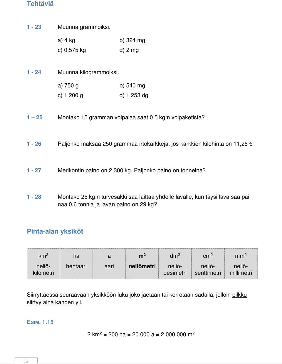 1-26 Paljonko maksaa 250 grammaa irtokarkkeja, jos karkkien kilohinta on 11,25 1-27 Merikontin paino on 2 300 kg. Paljonko paino on tonneina?