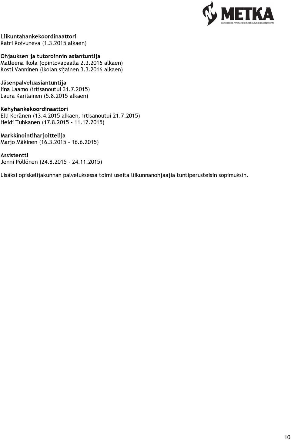 2015 alkaen, irtisanoutui 21.7.2015) Heidi Tuhkanen (17.8.2015-11.12.2015) Markkinointiharjoittelija Marjo Mäkinen (16.3.2015-16.6.2015) Assistentti Jenni Pöllönen (24.