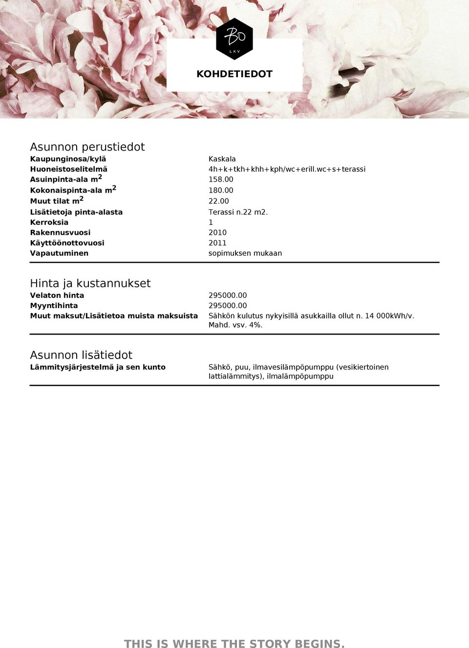 1 2010 2011 sopimuksen mukaan Hinta ja kustannukset Velaton hinta Myyntihinta Muut maksut/lisätietoa muista maksuista 295000.00 295000.