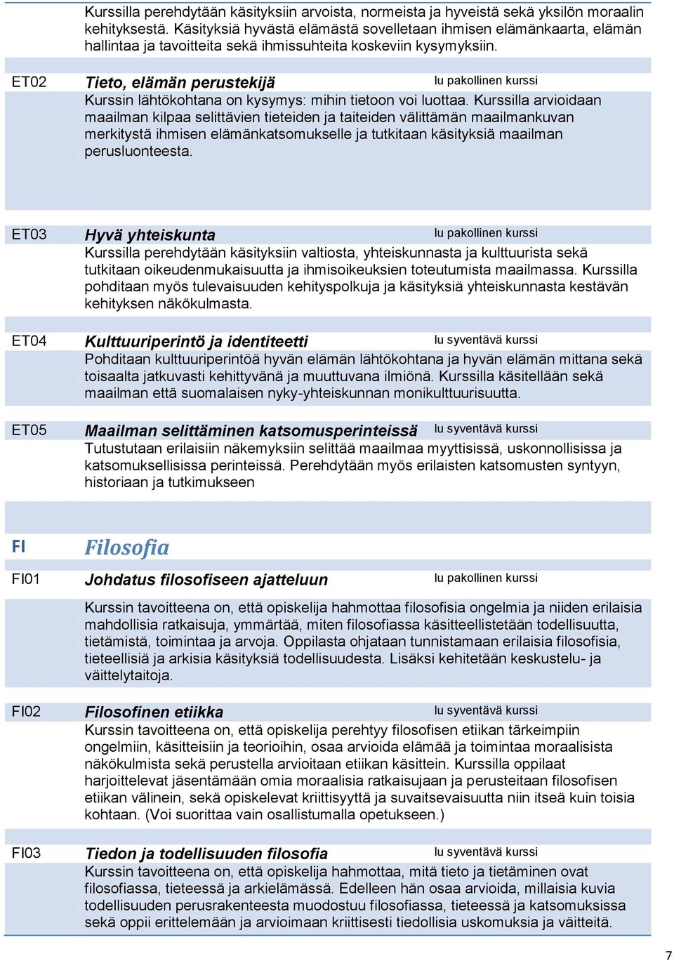 ET02 Tieto, elämän perustekijä lu pakollinen kurssi Kurssin lähtökohtana on kysymys: mihin tietoon voi luottaa.