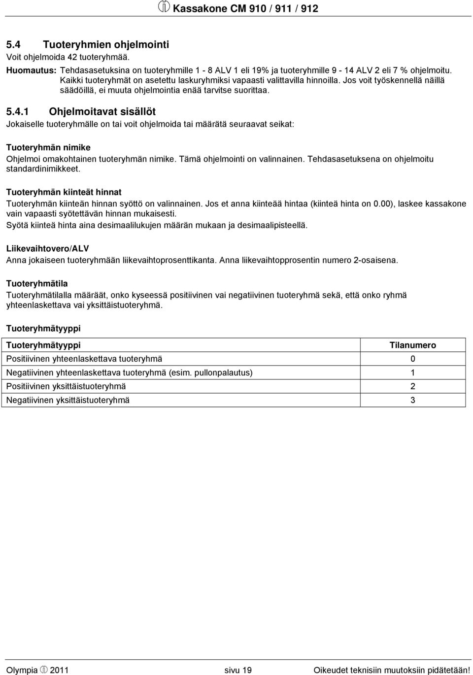 1 Ohjelmoitavat sisällöt Jokaiselle tuoteryhmälle on tai voit ohjelmoida tai määrätä seuraavat seikat: Tuoteryhmän nimike Ohjelmoi omakohtainen tuoteryhmän nimike. Tämä ohjelmointi on valinnainen.