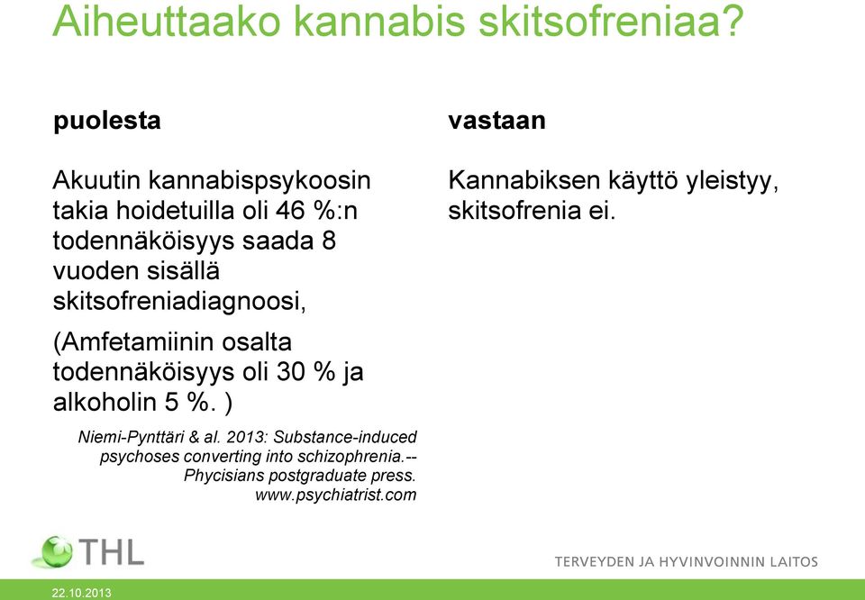 skitsofreniadiagnoosi, (Amfetamiinin osalta todennäköisyys oli 30 % ja alkoholin 5 %.