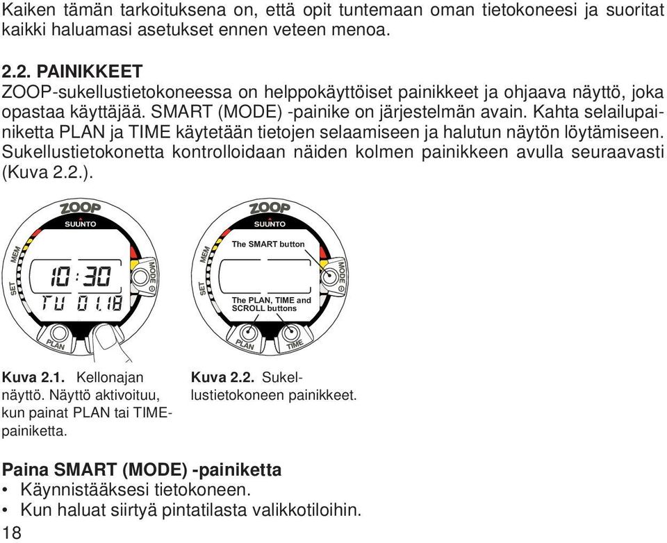 Kahta selailupainiketta PLAN ja TIME käytetään tietojen selaamiseen ja halutun näytön löytämiseen. Sukellustietokonetta kontrolloidaan näiden kolmen painikkeen avulla seuraavasti (Kuva 2.2.).