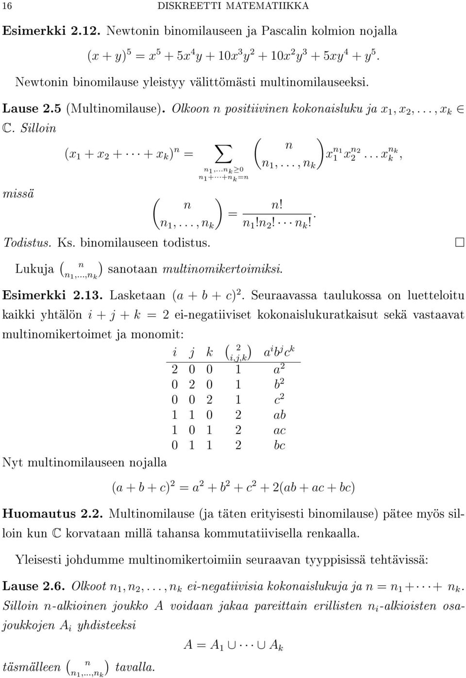 ..n k 0 n 1 + +n k =n missä ( n = n 1,..., n k ( n n 1,..., n k n! n 1!n 2! n k!. Todistus. Ks. binomilauseen todistus. ( n Lukuja n 1,...,n sanotaan multinomikertoimiksi. k x n 1 1 x n 2 2.