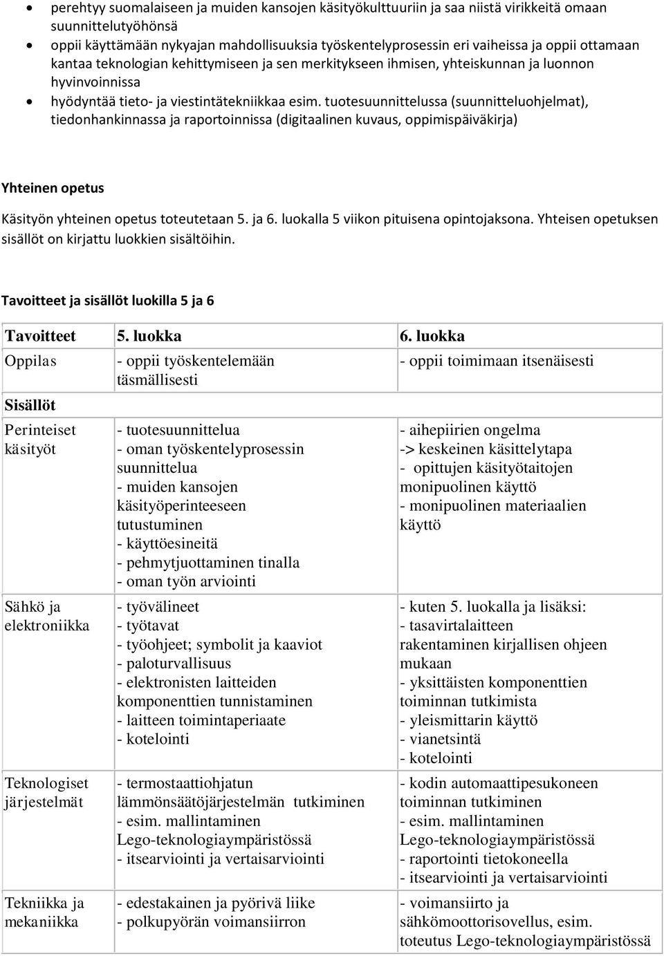 tuotesuunnittelussa (suunnitteluohjelmat), tiedonhankinnassa ja raportoinnissa (digitaalinen kuvaus, oppimispäiväkirja) Yhteinen opetus Käsityön yhteinen opetus toteutetaan 5. ja 6.