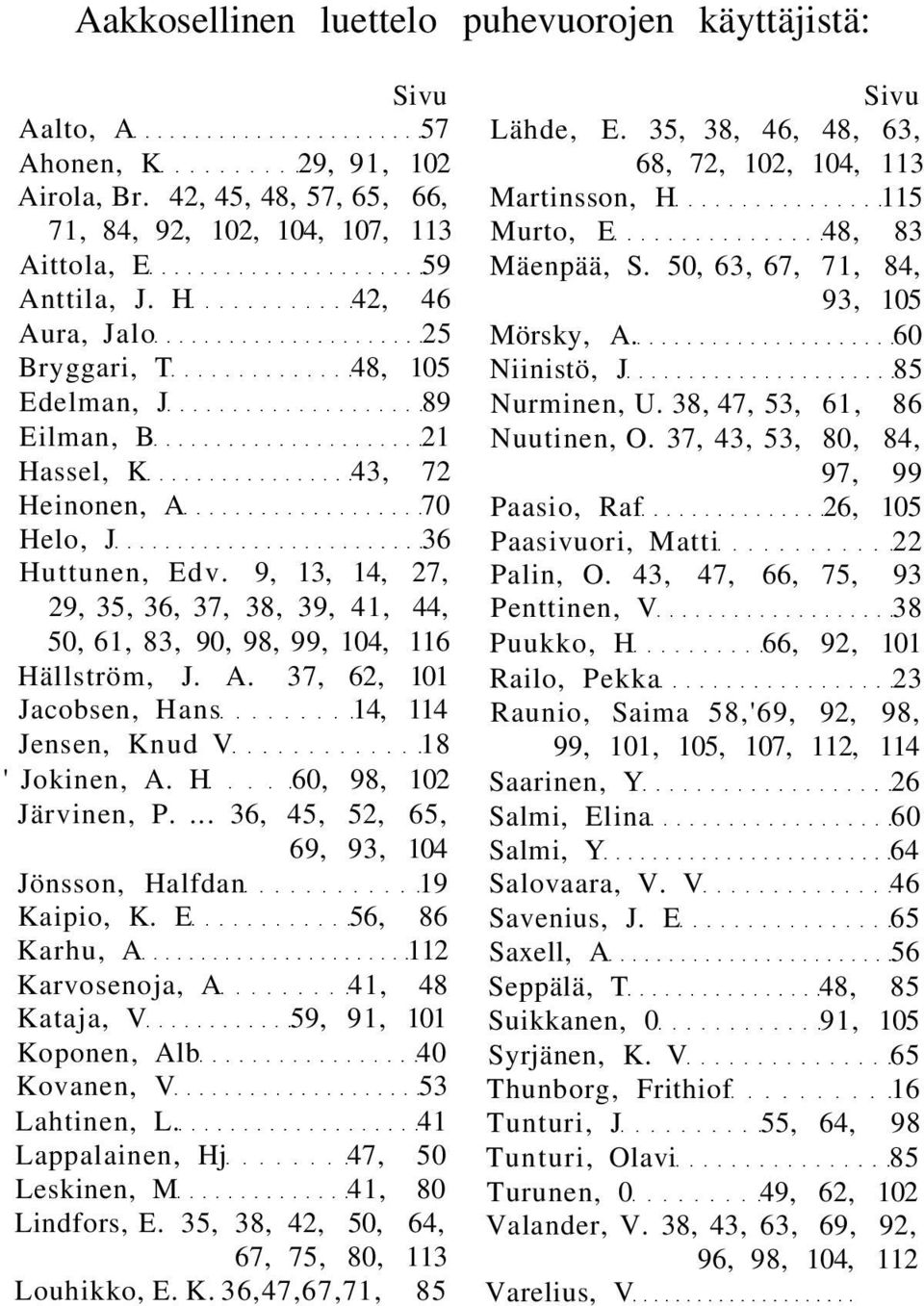 9, 13, 14, 27, 29, 35, 36, 37, 38, 39, 41, 44, 50, 61, 83, 90, 98, 99, 104, 116 Hällström, J. A. 37, 62, 101 Jacobsen, Hans 14, 114 Jensen, Knud V 18 ' Jokinen, A. H 60, 98, 102 Järvinen, P.