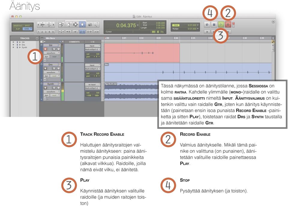 taustalla ja äänitetään raidalle Gtr. Track Record Enable 2 Haluttujen äänitysraitojen valmistelu äänitykseen: paina äänitysraitojen punaisia painikkeita (alkavat vilkkua).
