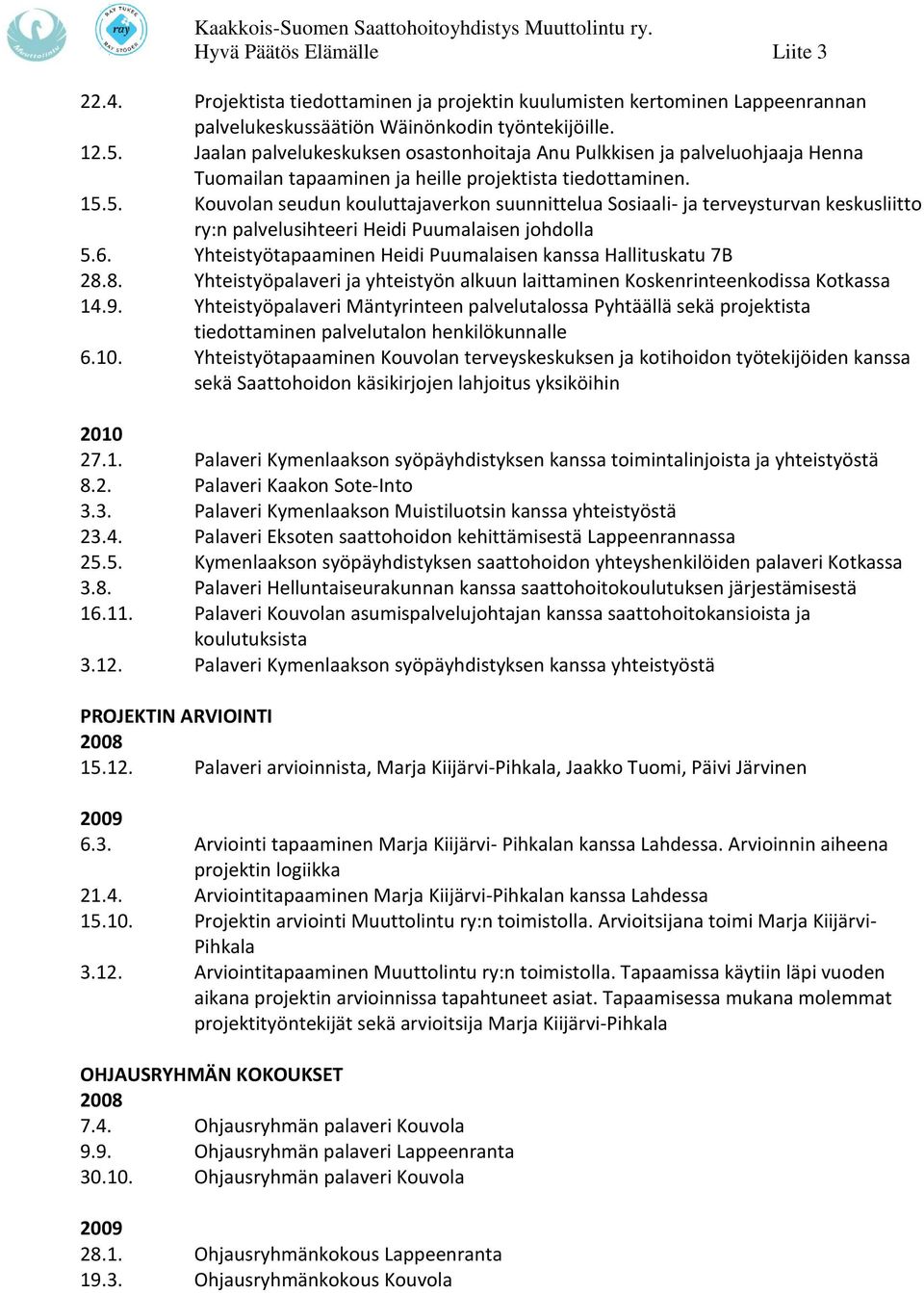 5. n seudun kouluttajaverkon suunnittelua Sosiaali- ja terveysturvan keskusliitto ry:n palvelusihteeri Heidi Puumalaisen johdolla 5.6. Yhteistyötapaaminen Heidi Puumalaisen kanssa Hallituskatu 7B 28.