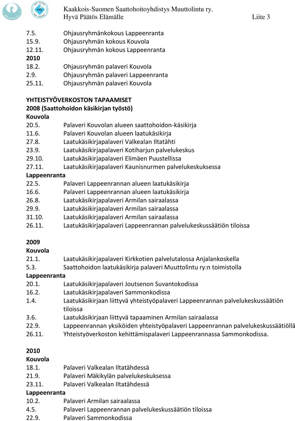 Laatukäsikirjapalaveri Elimäen Puustellissa 27.11. Laatukäsikirjapalaveri Kaunisnurmen palvelukeskuksessa 22.5. Palaveri Lappeenrannan alueen laatukäsikirja 16.