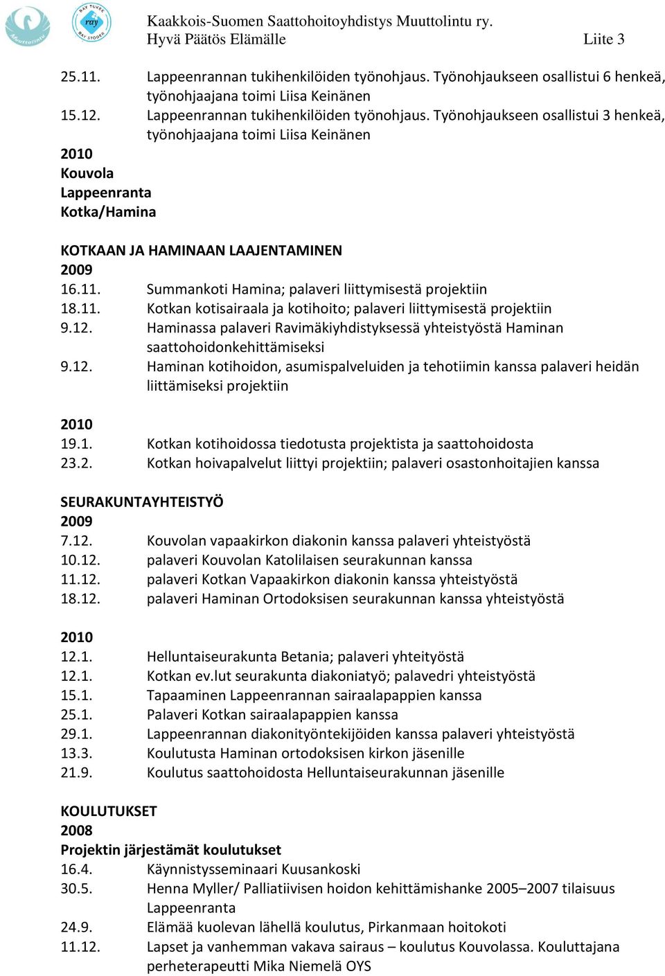 Haminassa palaveri Ravimäkiyhdistyksessä yhteistyöstä Haminan saattohoidonkehittämiseksi 9.12. Haminan kotihoidon, asumispalveluiden ja tehotiimin kanssa palaveri heidän liittämiseksi projektiin 19.1. Kotkan kotihoidossa tiedotusta projektista ja saattohoidosta 23.