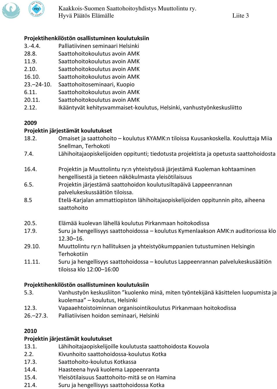 Ikääntyvät kehitysvammaiset-koulutus, Helsinki, vanhustyönkeskusliitto Projektin järjestämät koulutukset 18.2. Omaiset ja saattohoito koulutus KYAMK:n tiloissa Kuusankoskella.