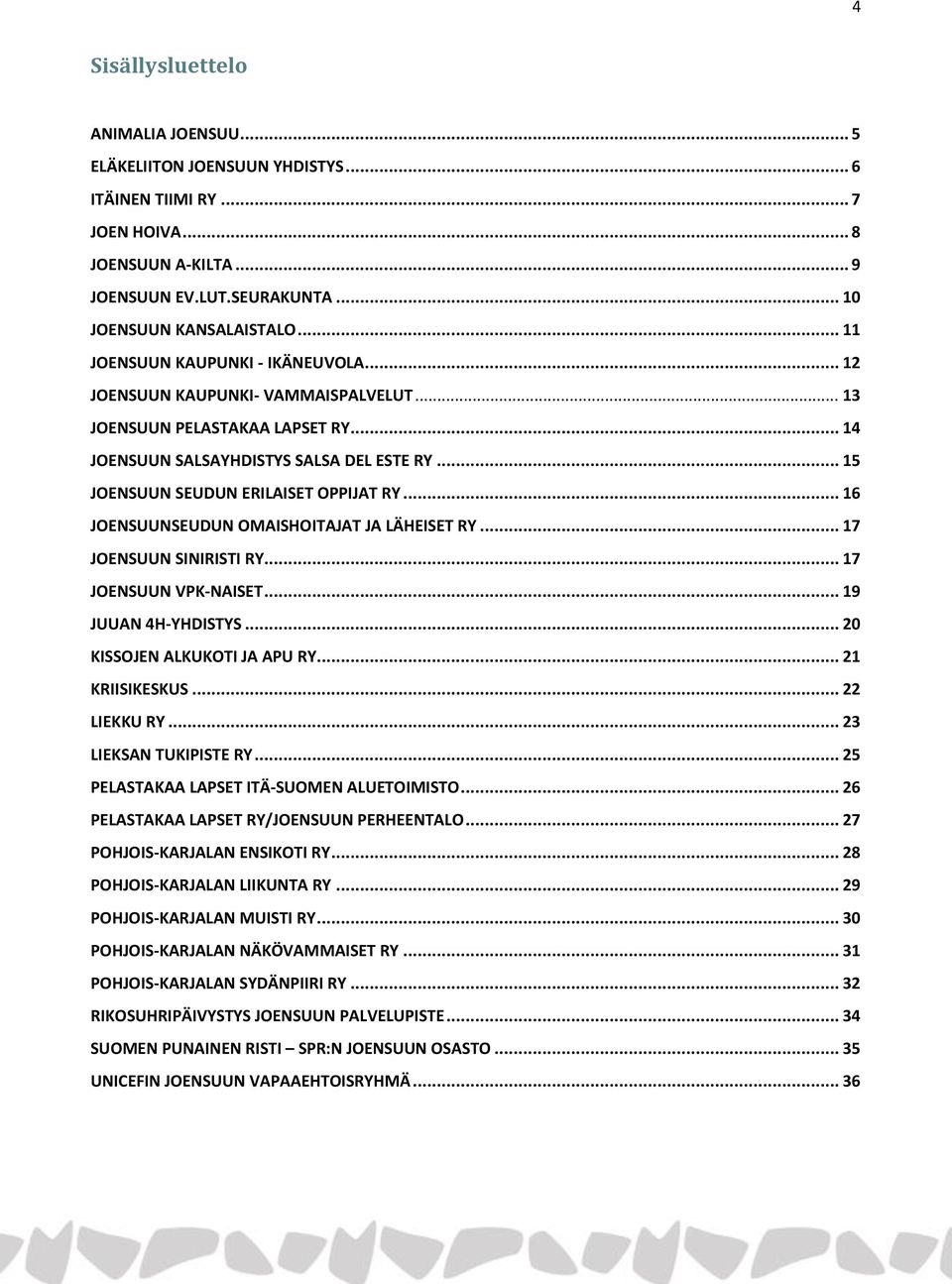 .. 15 JOENSUUN SEUDUN ERILAISET OPPIJAT RY... 16 JOENSUUNSEUDUN OMAISHOITAJAT JA LÄHEISET RY... 17 JOENSUUN SINIRISTI RY... 17 JOENSUUN VPK-NAISET... 19 JUUAN 4H-YHDISTYS.