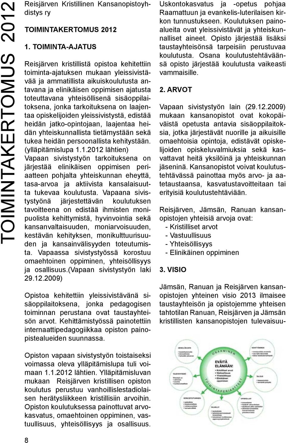 yhteisöllisenä sisäoppilaitoksena, jonka tarkoituksena on laajentaa opiskelijoiden yleissivistystä, edistää heidän jatko-opintojaan, laajentaa heidän yhteiskunnallista tietämystään sekä tukea heidän