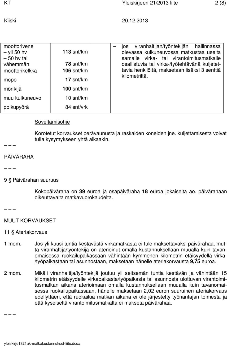 maksetaan lisäksi 3 senttiä kilometriltä. Soveltamisohje Korotetut korvaukset perävaunusta ja raskaiden koneiden jne. kuljettamisesta voivat tulla kysymykseen yhtä aikaakin.