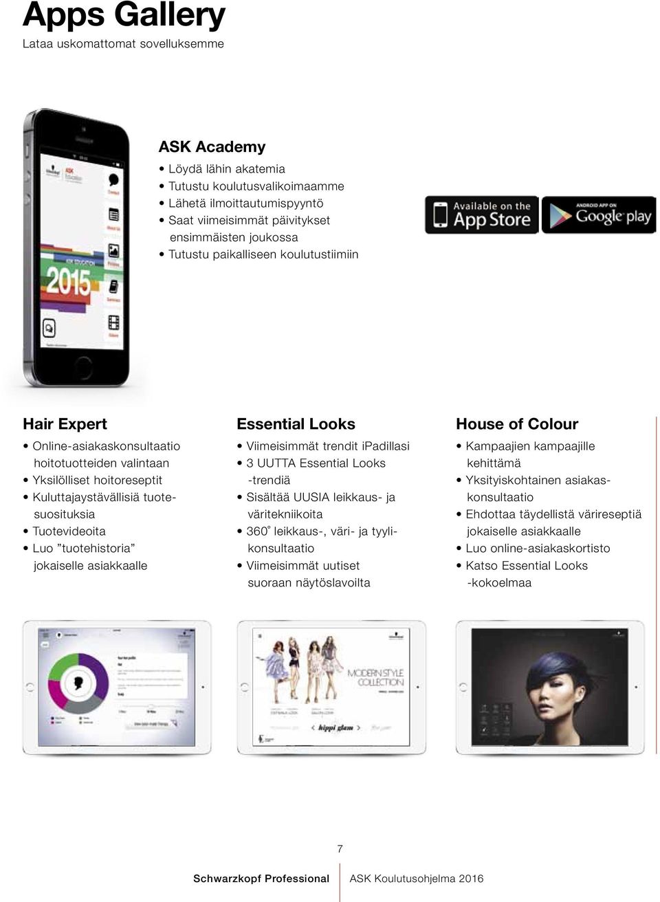 jokaiselle asiakkaalle Essential Looks Viimeisimmät trendit ipadillasi 3 UUTTA Essential Looks -trendiä Sisältää UUSIA leikkaus- ja väritekniikoita 360 leikkaus-, väri- ja tyylikonsultaatio