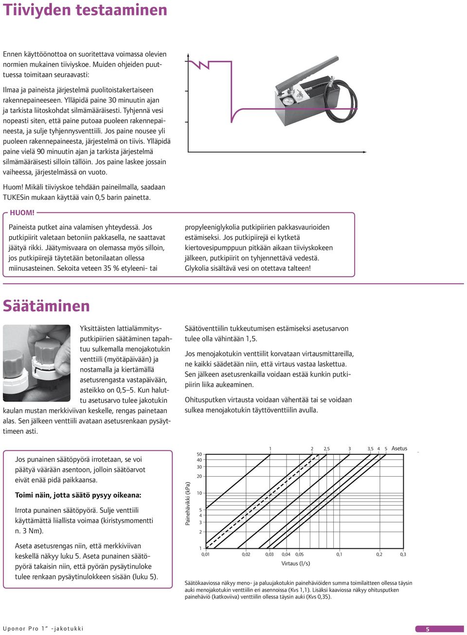 Tyhjennä vesi nopeasti siten, että paine putoaa puoleen rakennepaineesta, ja sulje tyhjennysventtiili. Jos paine nousee yli puoleen rakennepaineesta, järjestelmä on tiivis.