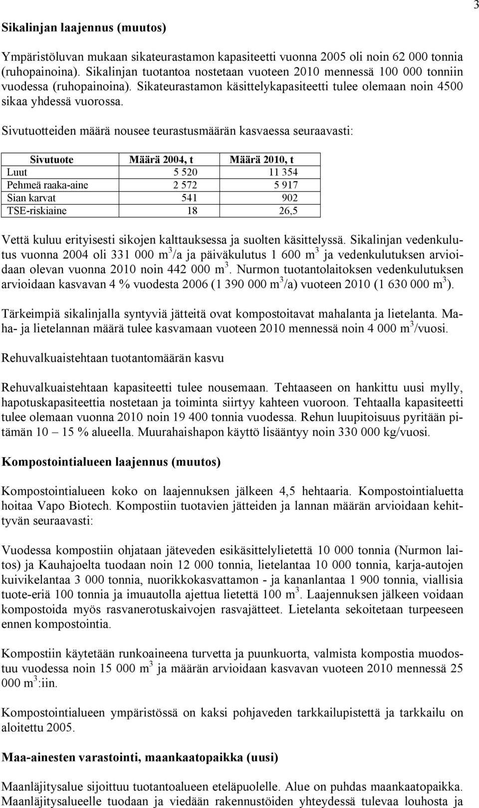 Sivutuotteiden määrä nousee teurastusmäärän kasvaessa seuraavasti: Sivutuote Määrä 2004, t Määrä 2010, t Luut 5 520 11 354 Pehmeä raaka aine 2 572 5 917 Sian karvat 541 902 TSE riskiaine 18 26,5