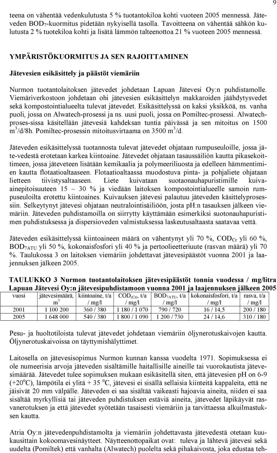 9 YMPÄRISTÖKUORMITUS JA SEN RAJOITTAMINEN Jätevesien esikäsittely ja päästöt viemäriin Nurmon tuotantolaitoksen jätevedet johdetaan Lapuan Jätevesi Oy:n puhdistamolle.