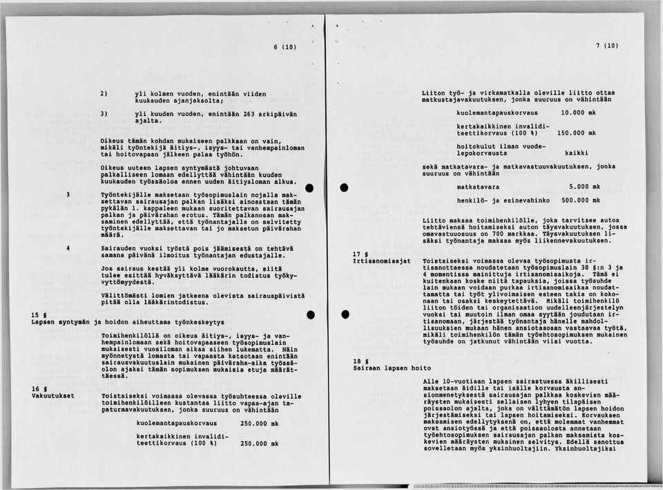 kuolemantapauskorvaus kertakaikkinen invaliditeettikorvaus (100 %) hoitokulut ilman vuodelepokorvausta 10.000 mk 150.