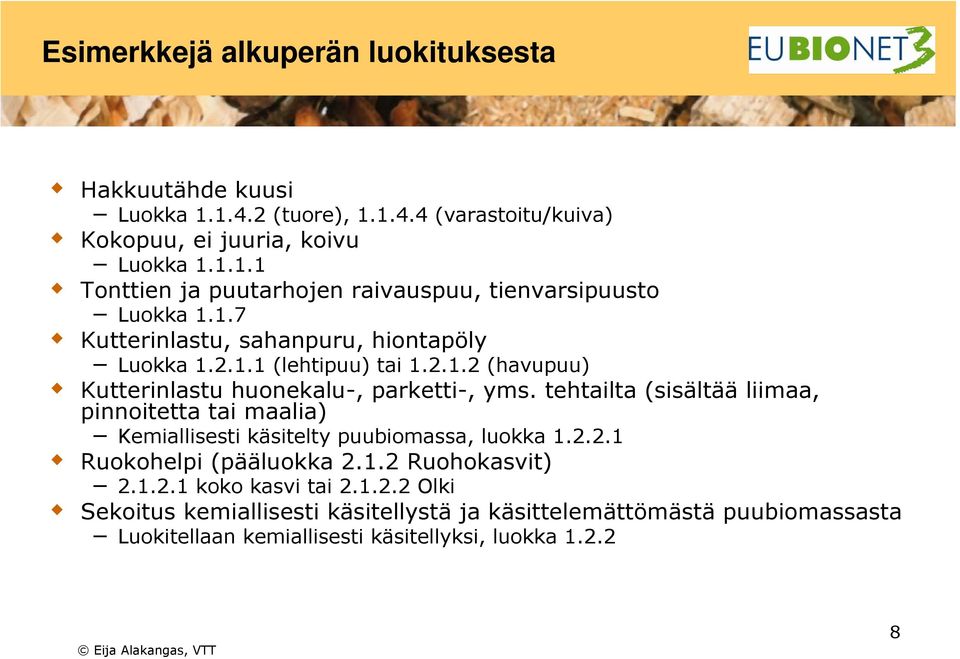 tehtailta (sisältää liimaa, pinnoitetta tai maalia) Kemiallisesti käsitelty puubiomassa, luokka 1.2.2.1 Ruokohelpi (pääluokka 2.1.2 Ruohokasvit) 2.1.2.1 koko kasvi tai 2.