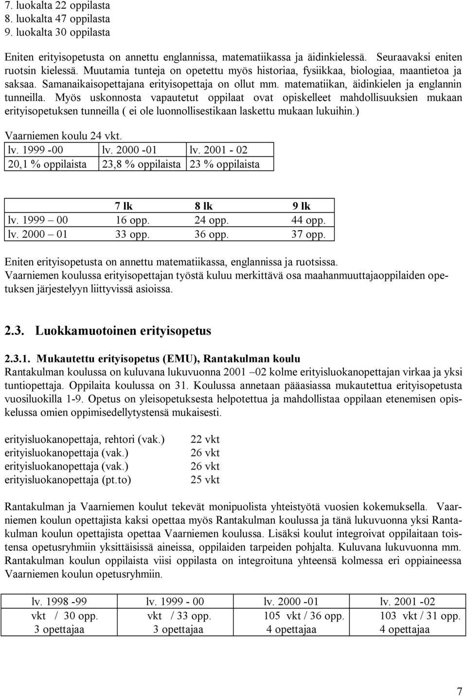 Myös uskonnosta vapautetut oppilaat ovat opiskelleet mahdollisuuksien mukaan erityisopetuksen tunneilla ( ei ole luonnollisestikaan laskettu mukaan lukuihin.) Vaarniemen koulu 24 vkt. lv. 1999 00 lv.